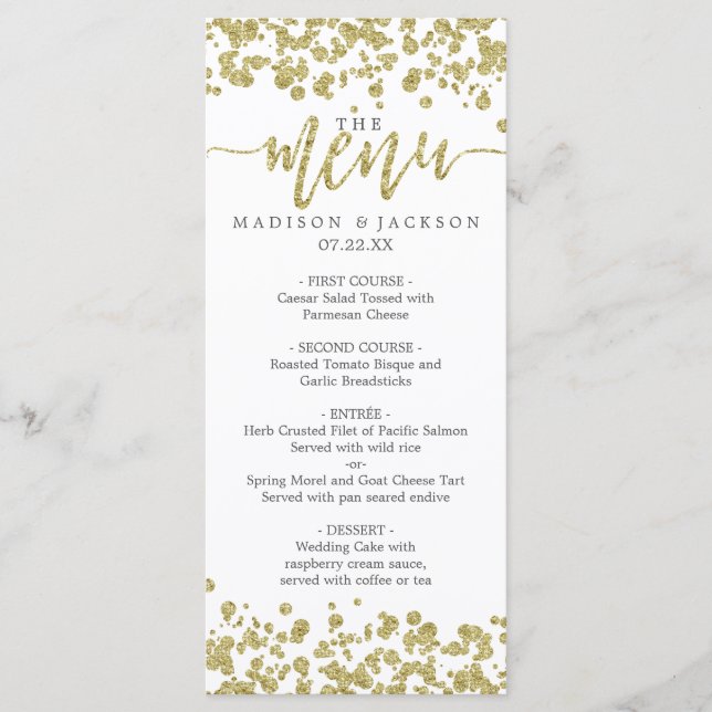 Menu de Casamento de Confetti Branco e Dourado (Frente)
