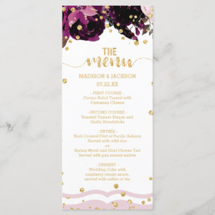 Menu de Casamento de Confetti Dourado Floral Púrp