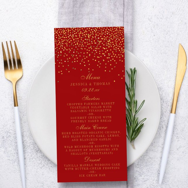 Menu de Casamento de Confetti Dourado Red & Glam (Criador carregado)