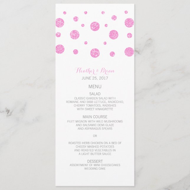 Menu de Casamento de Confetti Glitter Rosa (Frente)