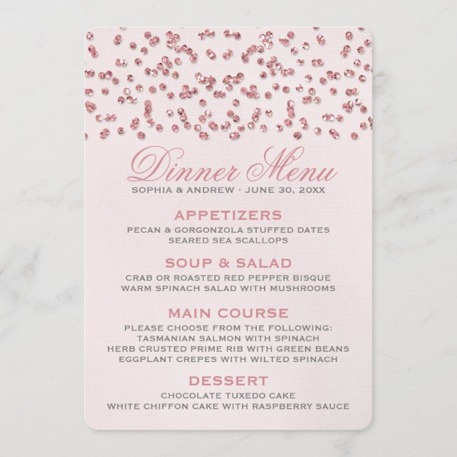 Menu de Casamento de Confetti Glitter Rosa (Frente)