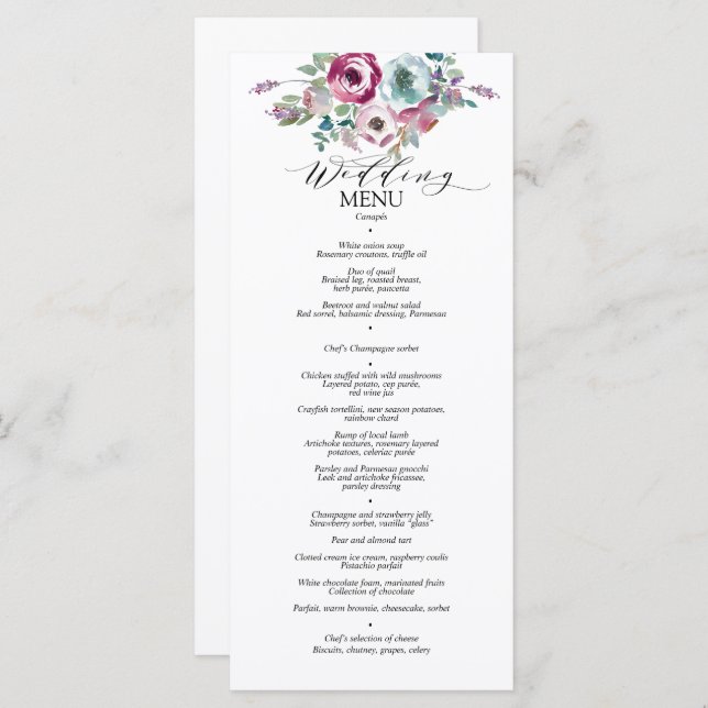 Menu de Casamento de Cor de Água Floral da Mint &  (Frente/Verso)