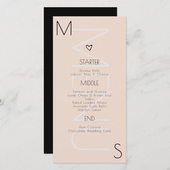 Menu de Casamento de Coração Monograma (Frente/Verso)