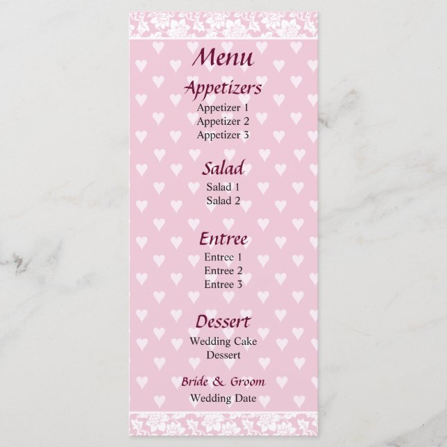 Menu de Casamento de Corações Rosa Pálido (Frente)