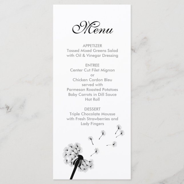 Menu de Casamento de Dandelion Negro (Frente)