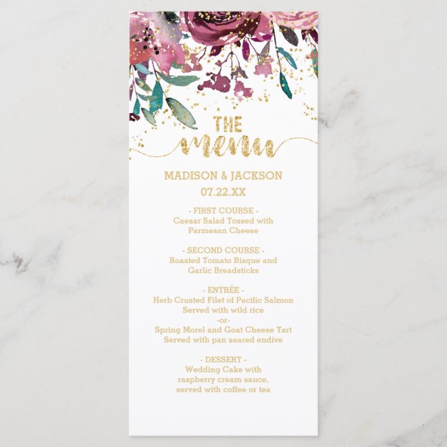 Menu de Casamento de Dourado Confetti com Stripes  (Frente)