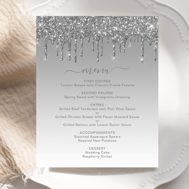 Menu de Casamento de Dripe de Glitter de Prata de  (Criador carregado)