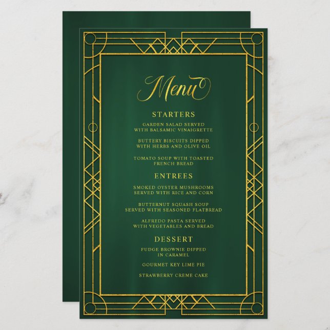 Menu de Casamento de Esmeralda Geométrica Dourada (Frente/Verso)
