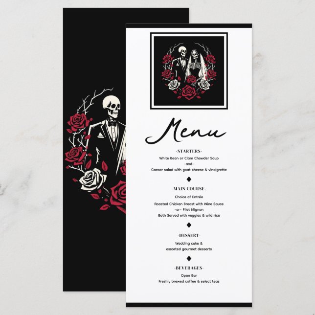 Menu de Casamento de Esqueleto de Rosas Brancas Ve (Frente/Verso)
