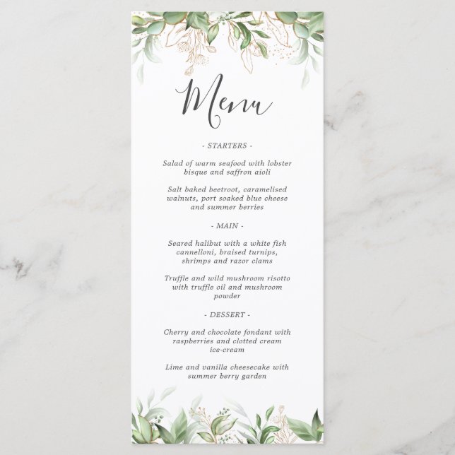Menu de Casamento de Eucalipto Verde Elegante (Frente)