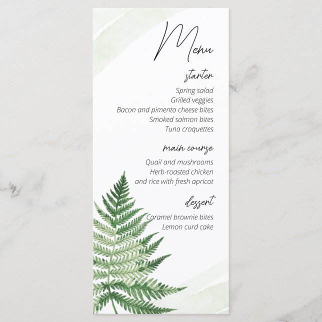 Menu de Casamento de Fern Verde Minimalista (Frente)