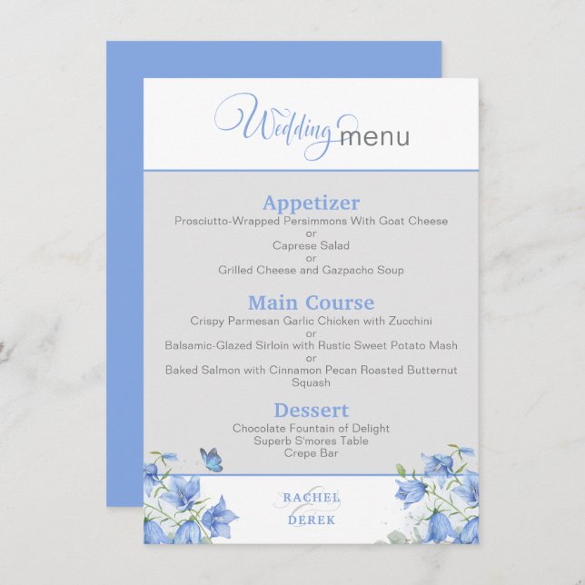 Menu de Casamento de Flor Azul (Frente/Verso)