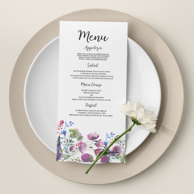 Menu de Casamento de Flor Selvagem Púrpura de lava (Pink lavender purple wildflower Wedding Menu )
