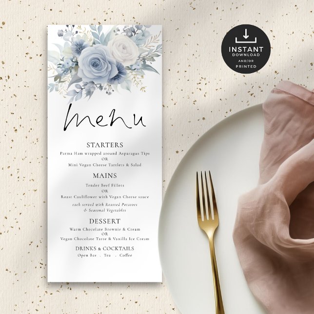 Menu de Casamento de Florais Azuis Imprimíveis (Criador carregado)