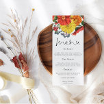 Menu de Casamento de Florais do outono Vibrante<br><div class="desc">Casamento Vibrante de Florais de outono. Flores selvagens autóctones em tons de vermelho,  laranja e amarelo na borda superior,  com um roteiro elegante para Menu e fácil personalizar o resto do texto de acordo com suas necessidades.</div>