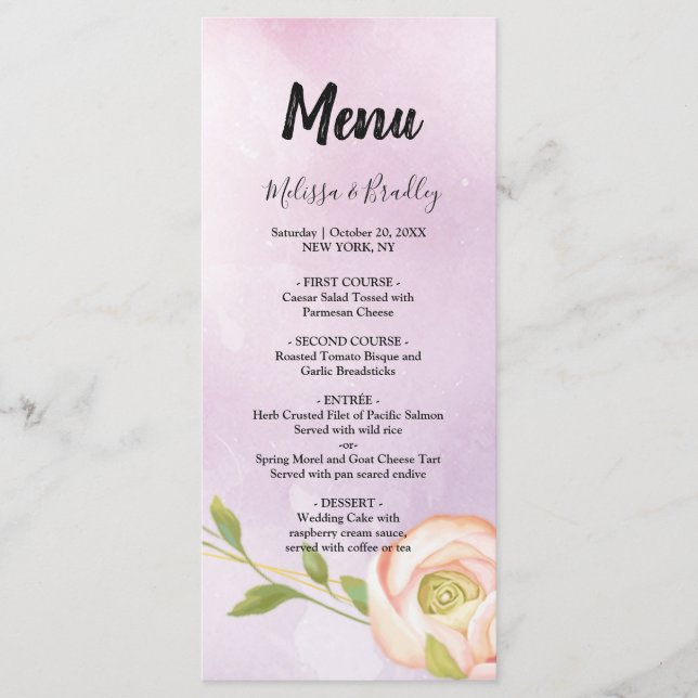 Menu de Casamento de Floral Chic Púrpura de Água (Frente)