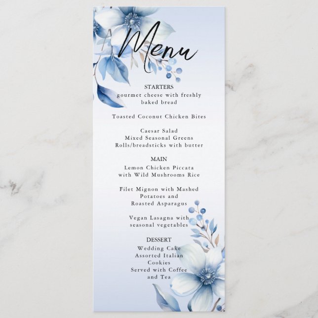 Menu de Casamento de Flores Azuis Botânicas (Frente)