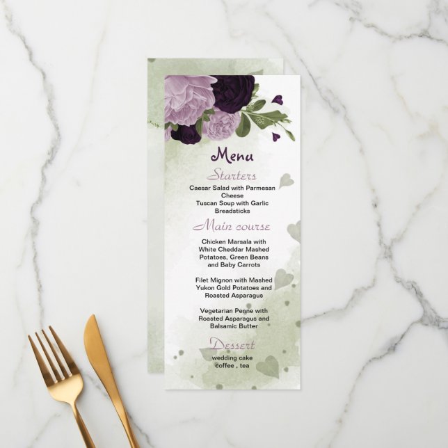 menu de casamento de flores roxas verdes (Frente/Verso In Situ)
