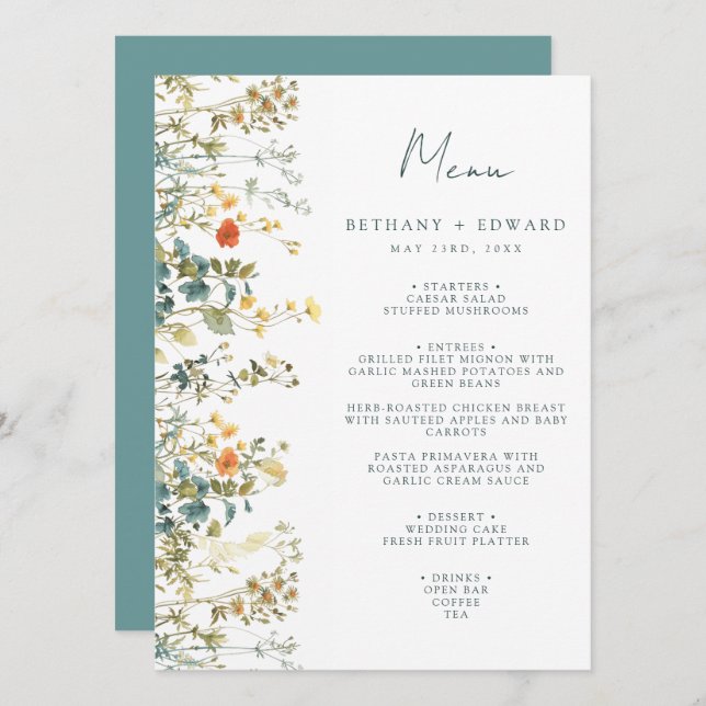 Menu de Casamento de Flores Selvagem Elegante (Frente/Verso)