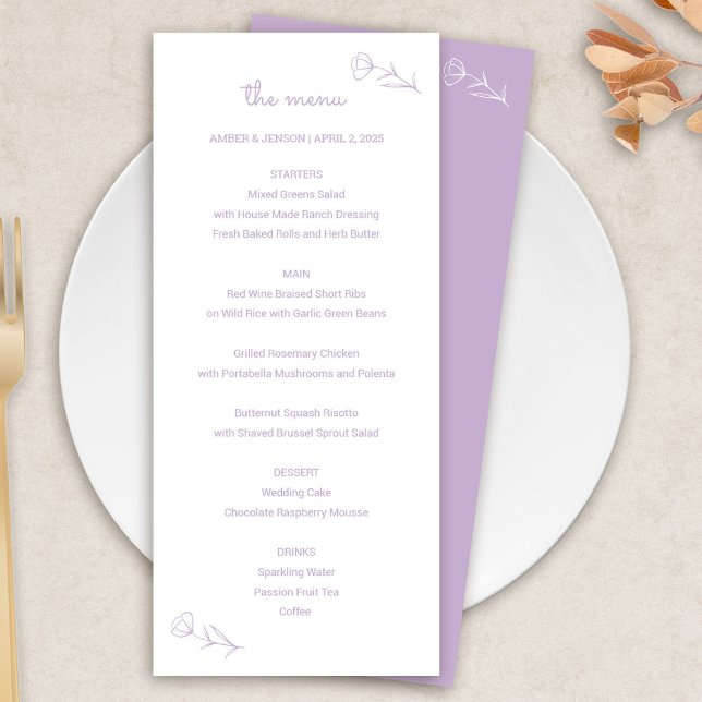 Menu de Casamento de Flores Selvagens em Lilac (Wildflower Wedding Menu in Lilac)