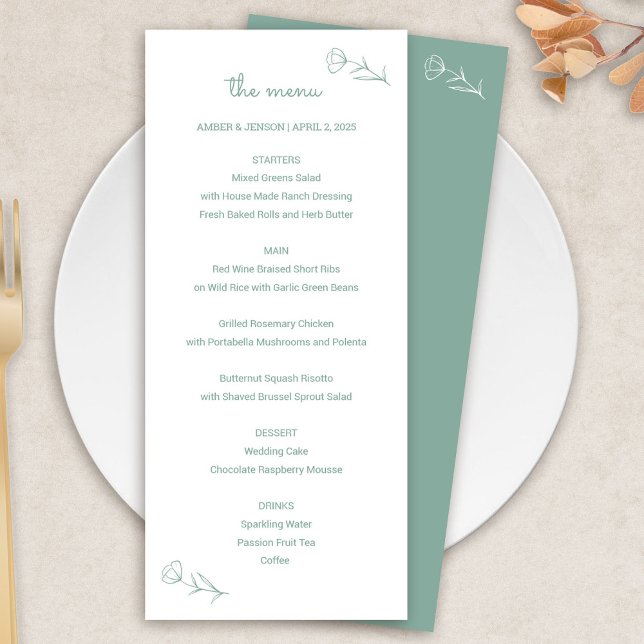 Menu de Casamento de Flores Selvagens em Sage (Wildflower Wedding Menu in Sage Green)