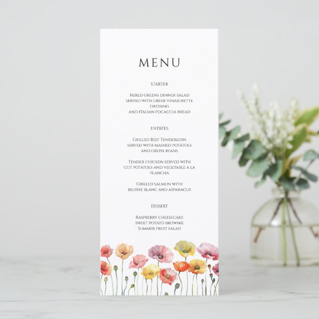 Menu de casamento de flores silvestres de papoila  (Em pé/Frente)