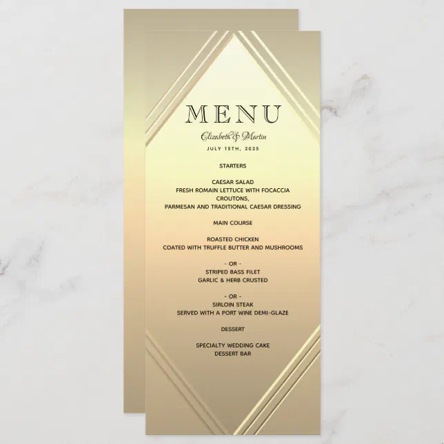 Menu de casamento moderno de luxo de folha de ouro