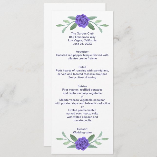 Menu de Casamento de Folhagem Azul Roxo Floral (Frente/Verso)