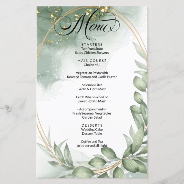 Menu de Casamento de Folhagem de Quadro Dourado Ve (Frente)