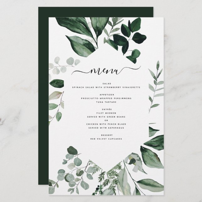 Menu de Casamento de Folhagem de Verde Botânico (Frente/Verso)