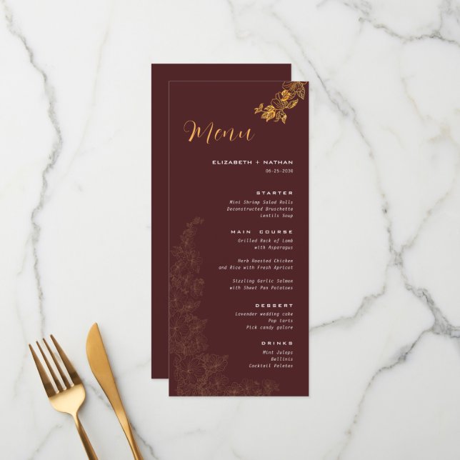 Menu de Casamento de Folhagem do Ouro Escuro Elega (Frente/Verso In Situ)