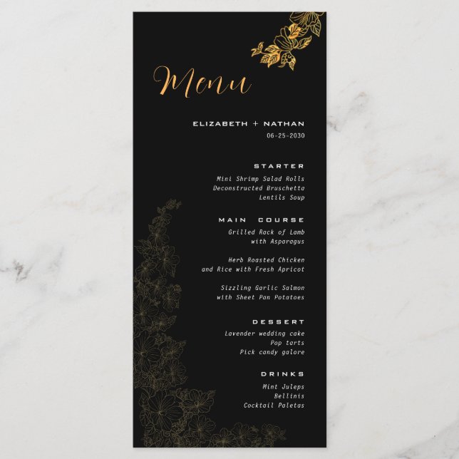 Menu de Casamento de Folhagem do Ouro Negro Elegan (Frente)