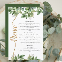 Menu de Casamento de Folhagem Dourada e Verde Botâ