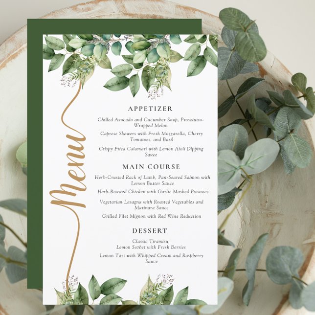 Menu de Casamento de Folhagem Dourada e Verde Botâ (Criador carregado)