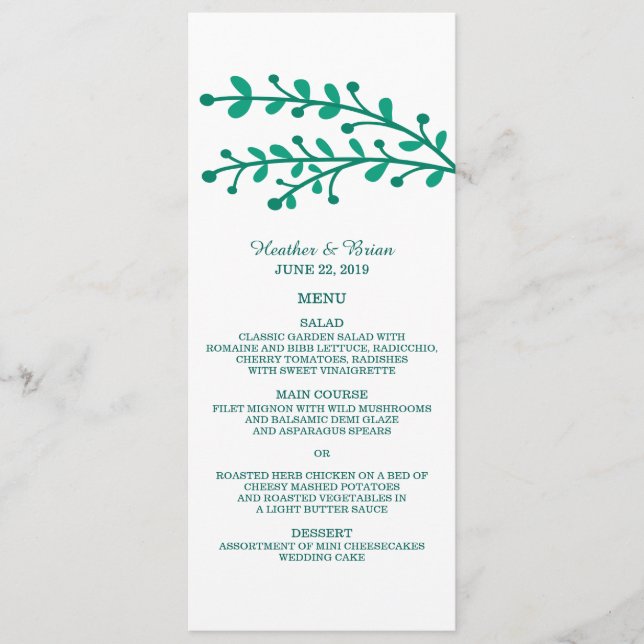 Menu de Casamento de Folhagem Simples Verde (Frente)