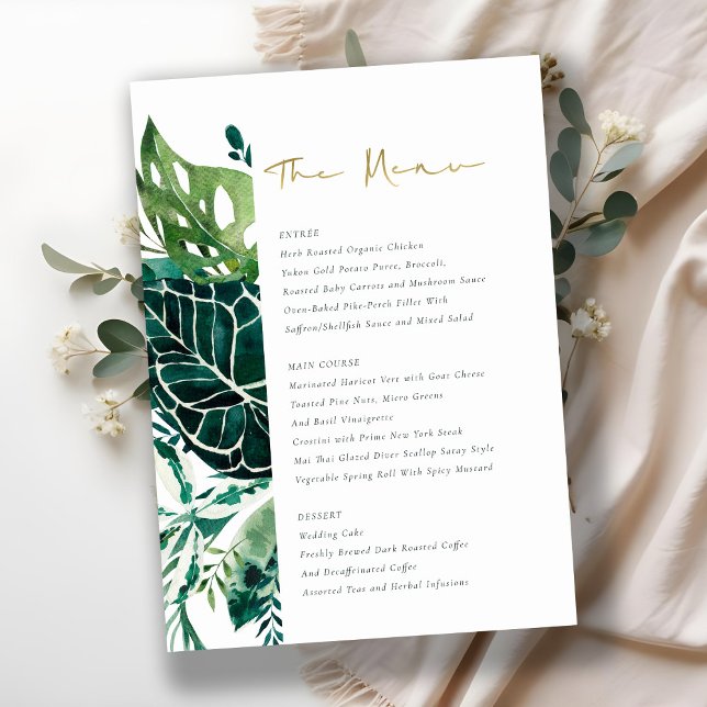 Menu de Casamento de Folhagem Verde Monstera Tropi (Criador carregado)