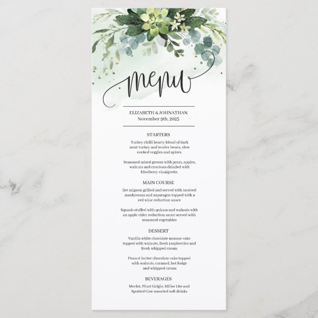 Menu de casamento de folhagem verde-suculenta verd (Frente)