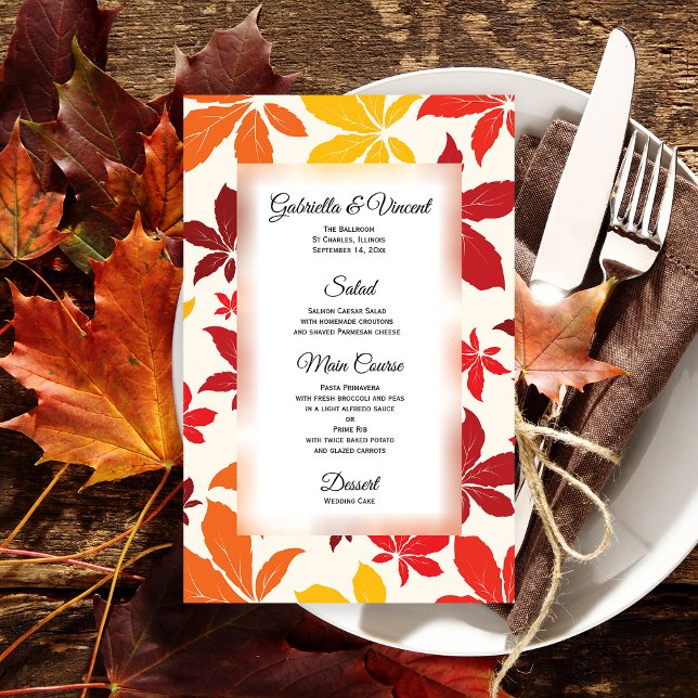 Menu de Casamento de Folhas Brilhantes (Set a warm Autumn table for your celebration event with the festive Bright Fall Leaves Menu.)