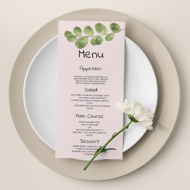 Menu de Casamento de Folhas de Eucalipto, de ouro  (Pastel pink mint gold eucalyptus leaf Wedding Menu)