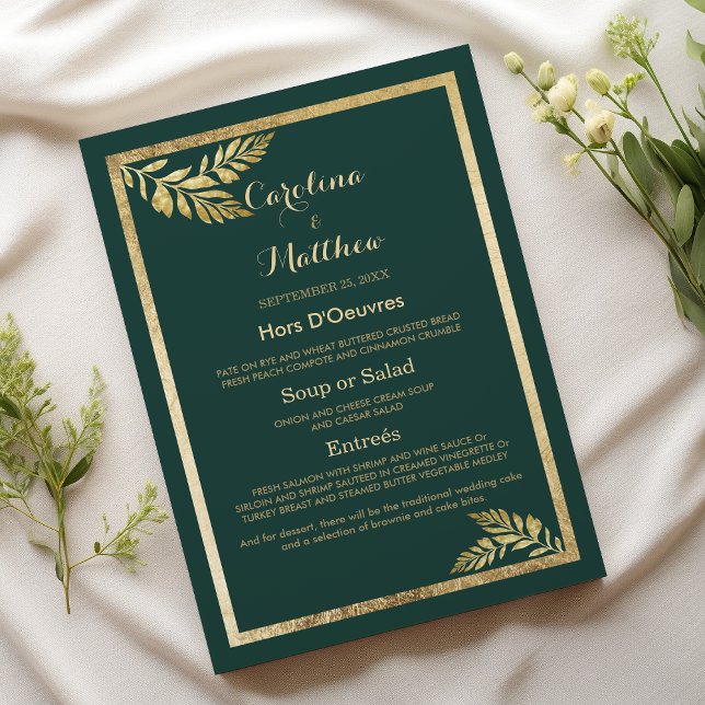 Menu de Casamento de Folhas de ouro Verde da Flore (Elegant forest green golden leaf Wedding Menu)