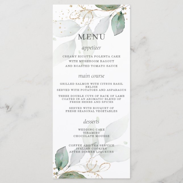 Menu de Casamento de Folhas Douradas Rustic Greene (Frente)