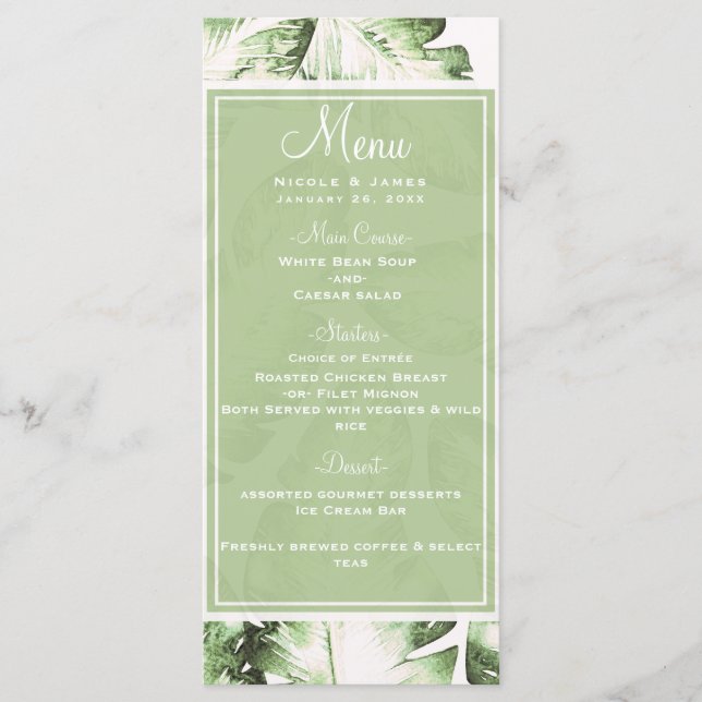 Menu de Casamento de Folhas Tropicais Verde Branco (Frente)