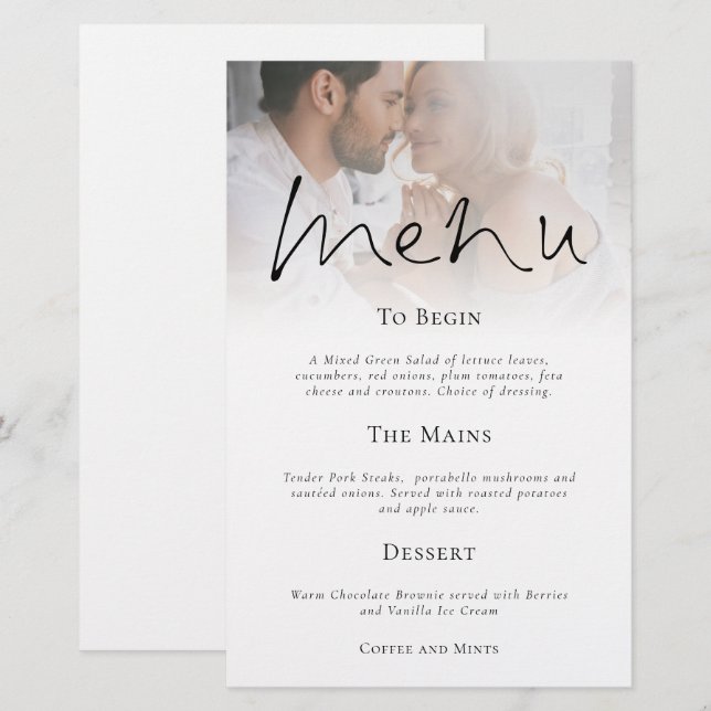 Menu de Casamento de Fotografias de Script Moderno (Frente/Verso)