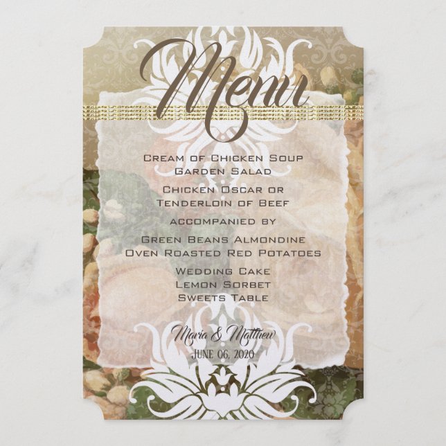 Menu de Casamento de Fotos Dourada Rosa do Milênio (Frente)