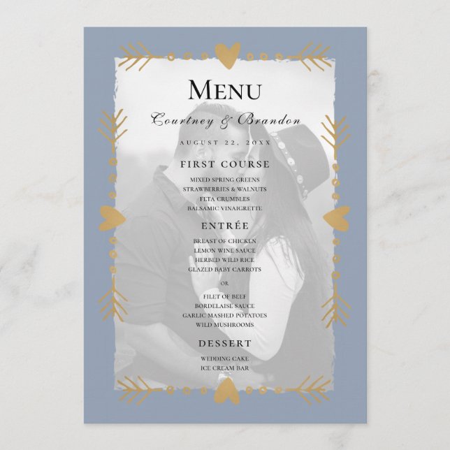 Menu de Casamento de Fotos Douradas do Coração Azu (Frente)