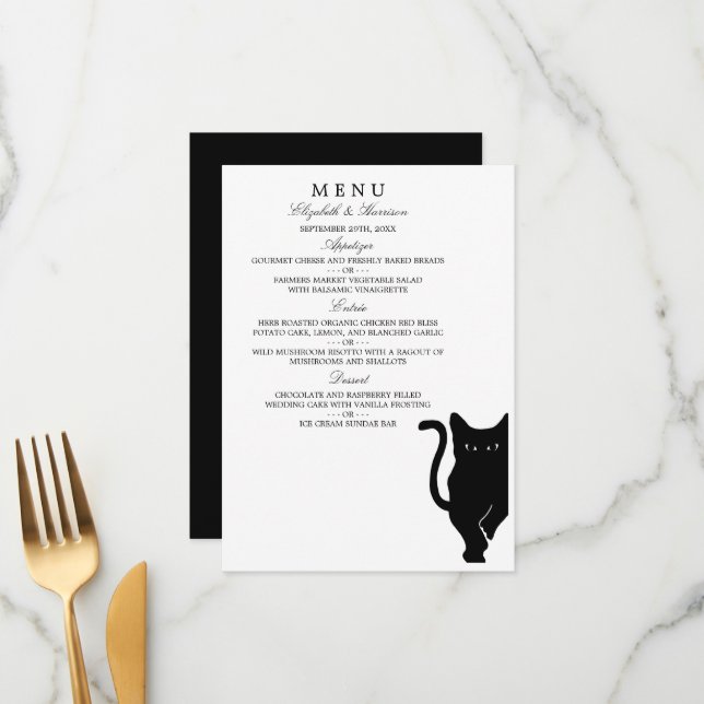 Menu de Casamento de Gatos Negra Brancos Modernos (Frente/Verso In Situ)