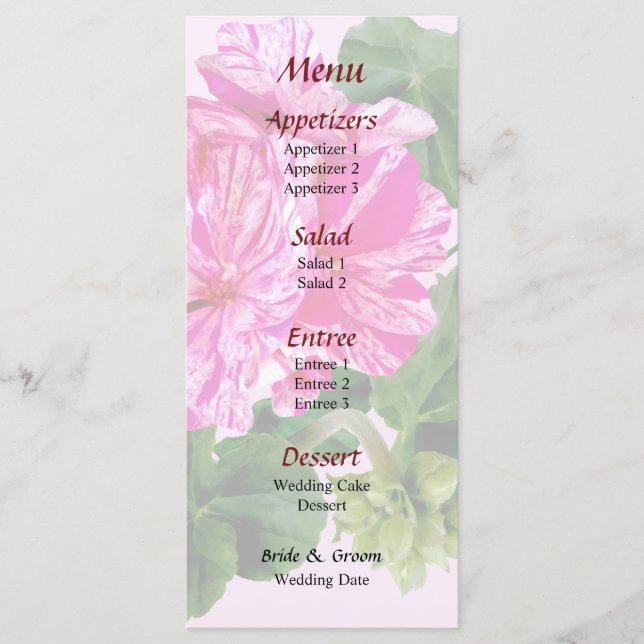 Menu De Casamento De Geranios, Rosa E Branco, Esti (Frente)