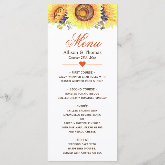 Menu de Casamento de Girassóis Amarelos Brilhantes (Frente)
