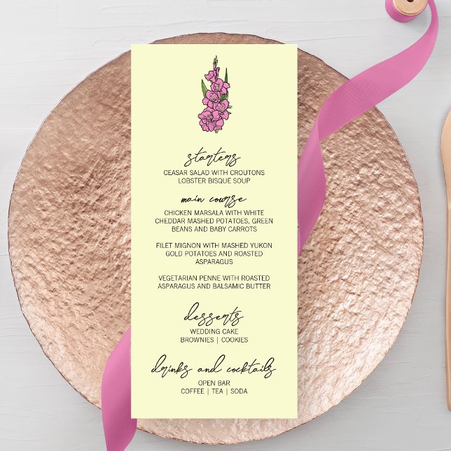 Menu de Casamento de Gladiolus Rosa Minimalista (Criador carregado)