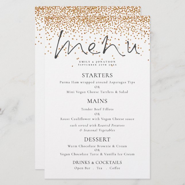 Menu de Casamento de Glitter Dourado de Script Ele (Frente/Verso)